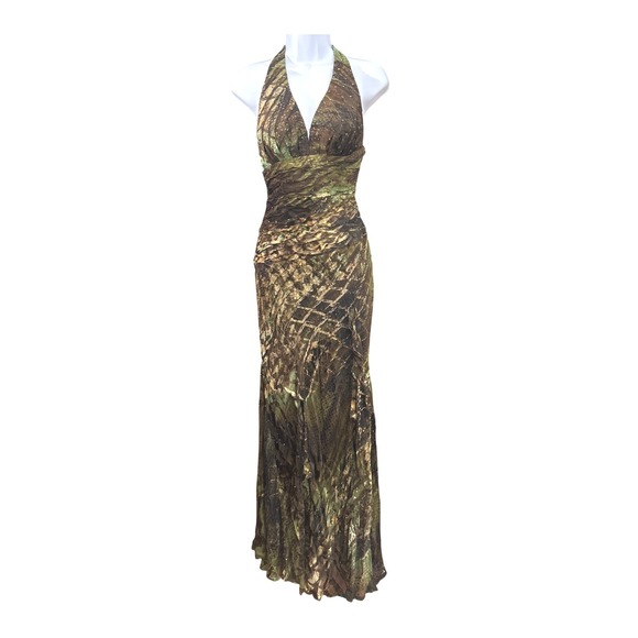Nina Austin Green Brown Halter Silk Blend Gown Y2K Jungle Dopamine Evening Dress - Picture 1 of 9